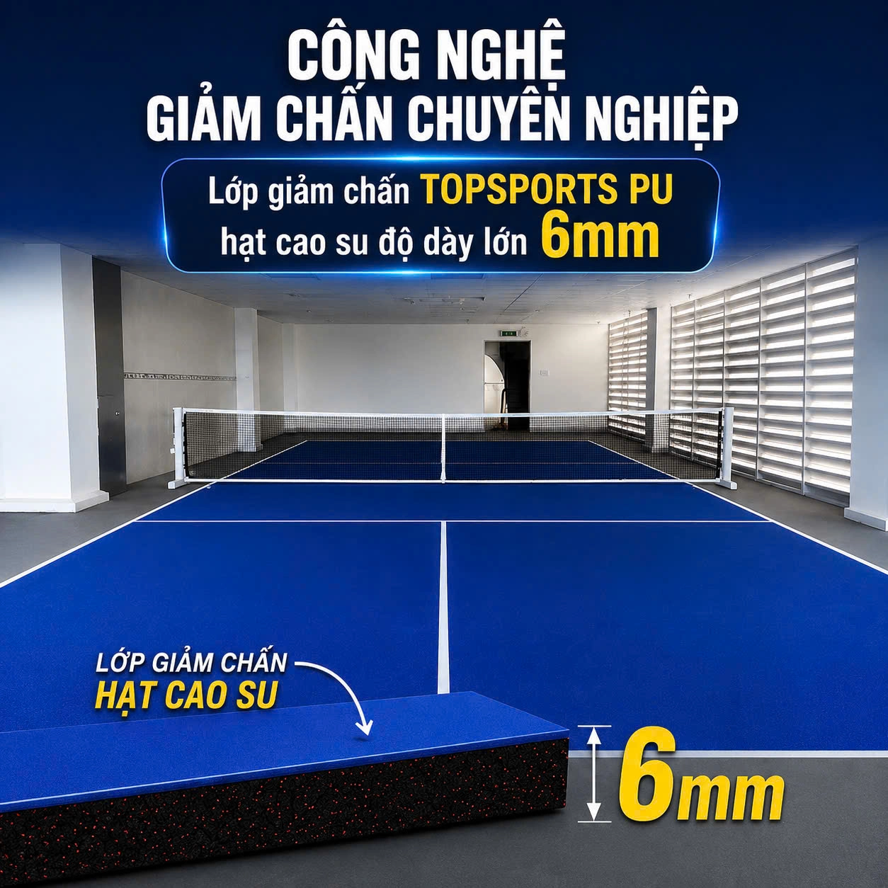 Thi công sân pickleball giảm chấn dày tổng 9mm 